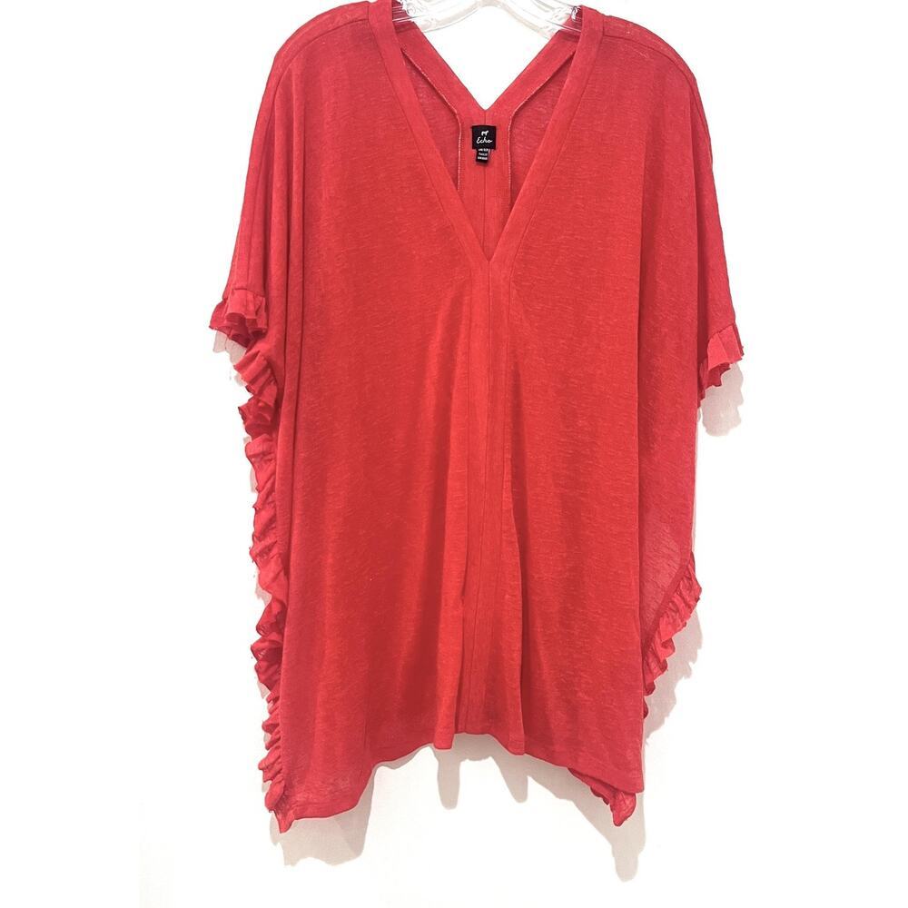 Echo Tunic Cover Up Womens One Size Red Orange Lightweight Sheer Ruffle Kimono